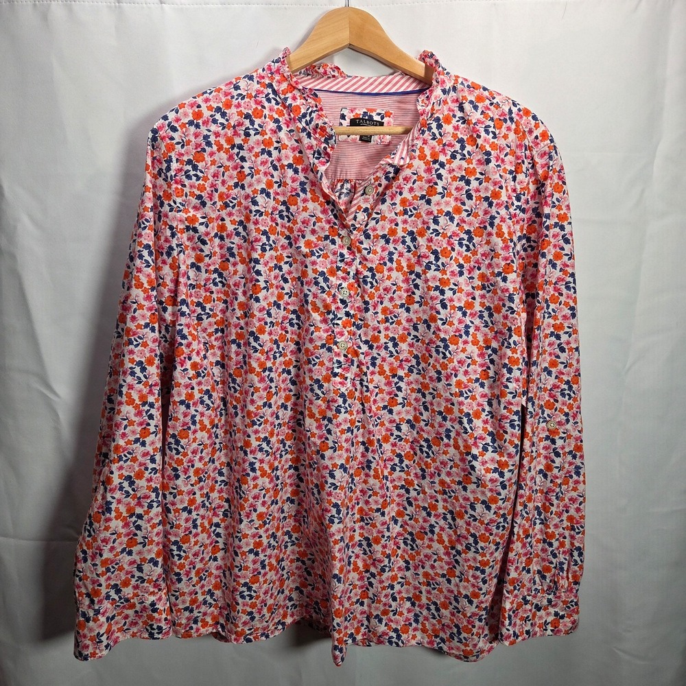 Talbots Multicolor Ditsy Floral Band Collar 2X Petite Roll‎ Sleeve Blouse